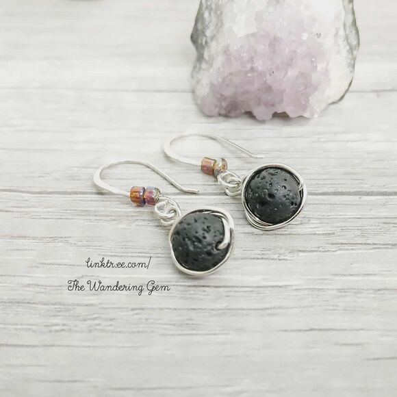 Lava Rock Beaded Dangle Earrings, Hammered Earrings, 1.5" - Picture 3 of 6